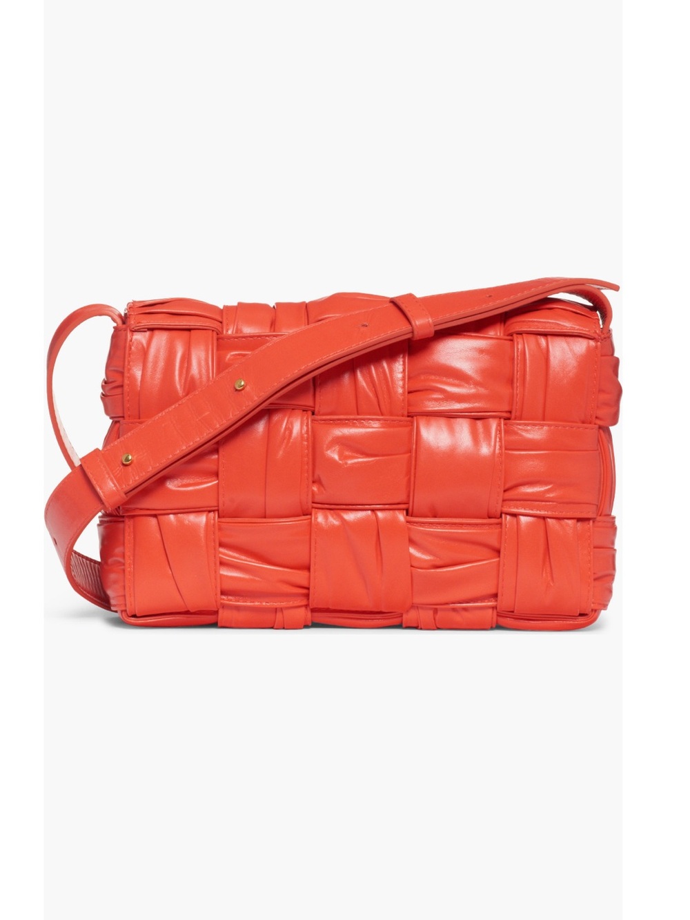Bottega Veneta Cassette Plissรฉ Intrecciato Leather Crossbody Bag in Sunbrust Red